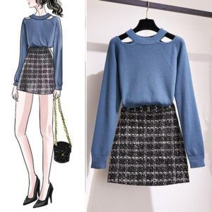 Conjunto dos piezas minifalda y jersey moda otoño invierno para mujer