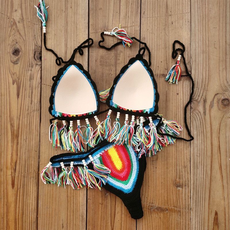 Bikini de ganchillo decorado con borlas hecho a mano - Imagen 7