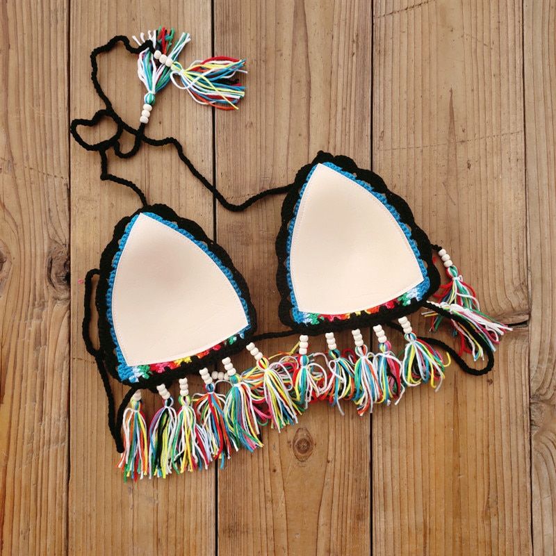 Bikini de ganchillo decorado con borlas hecho a mano - Imagen 8