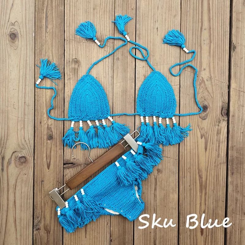 Bikini de ganchillo decorado con borlas hecho a mano - Imagen 29