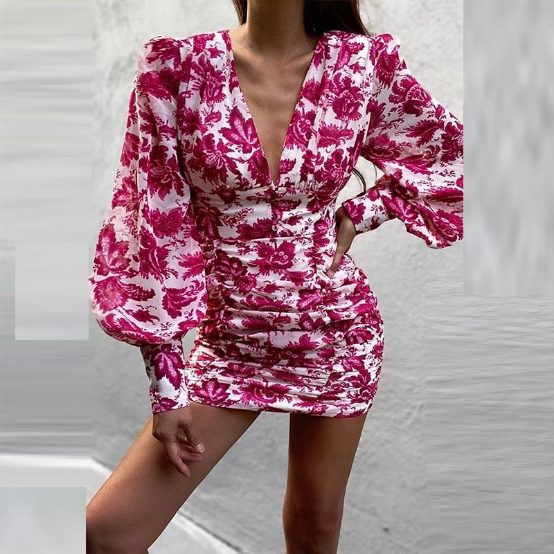Vestido corto drapeado con escote en V manga abullonada - Imagen 2