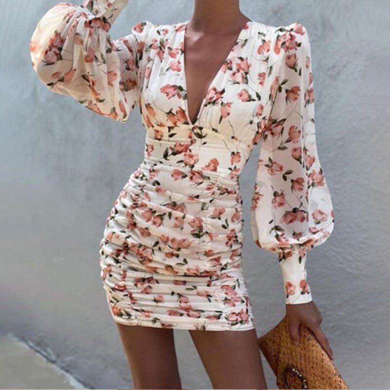 Vestido corto drapeado con escote en V manga abullonada - Imagen 5